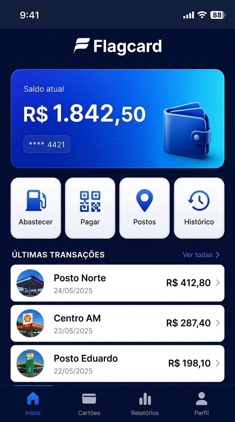Dashboard do app Flagcard com saldo e transações